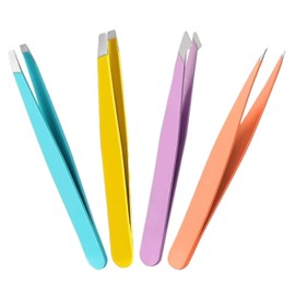 Precision Eyebrow Tweezers Set, 4 Pack, Stainless Steel, Multi-Color, Professional Slanted and Pointed Tips for Facial Hair, Eyelash Extensions, Makeup