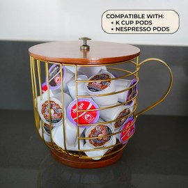 Large Coffee Pod Holder – Compatible w/KCup Pods and Capsules - Gold Metal K Cup Holder - Cute Coffee Pod Basket w/Wooden Lid - Coffee Pod Storage - Coffee Bar Decor (Wood & Gold, Large)