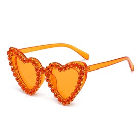 YAMEIZE 70s Trendy Rhinestone Heart Sunglasses - for Women Men Love Rhinestone Heart Shaped Diamond UV400 Party Driving, orange