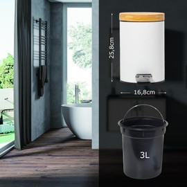 GREELUE 3L Bathroom Bin with Wooden Lid, Cosmetic Bin with Soft Close Mechanism, Bathroom Bin, Waste Bin Bathroom (White, 3L)
