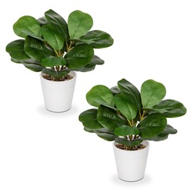 Artificial Plants Set of 2 Fake Fiddle Leaf Fig with White Pots Faux Potted Plants for Home Office Garden Indoor Outdoor Desk Decoration Green