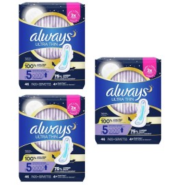 Always BL Always Pads Size 5 Ultra Thin 46 Count Extra Heavy Overnight X 3 Packs