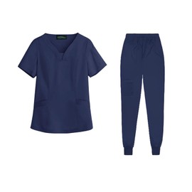 Meichoon Nurses' Gown Set V-neck Top and Slim Pants Elastic and Sweat-absorbent Hospital Grooming Pet Men's and Women's use DK06 Navy Blue Medium