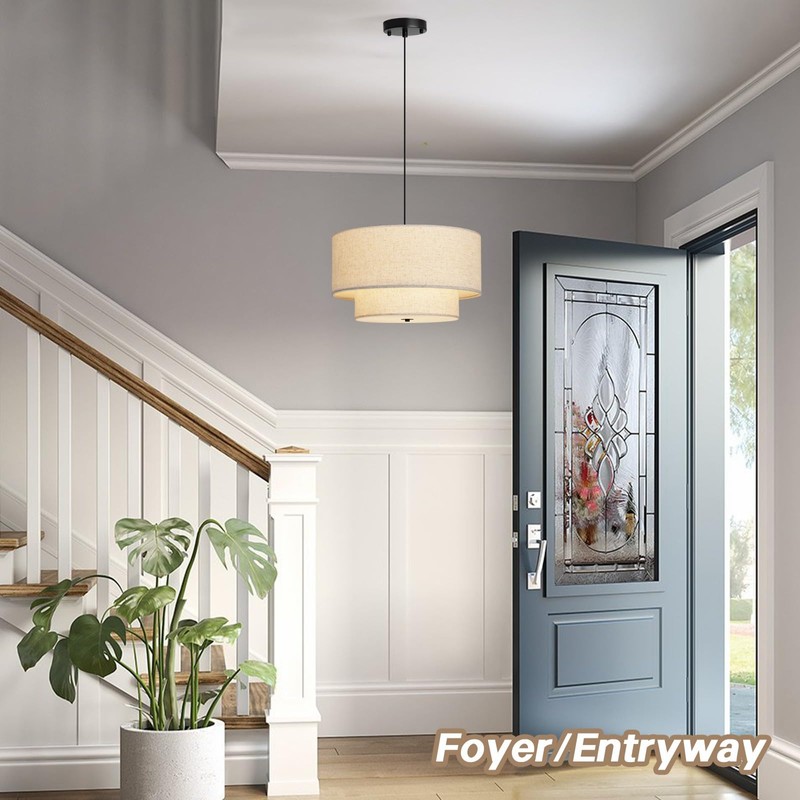 HILUXIA 18" Modern Double Drum Fabric Pendant Light, Large Hanging