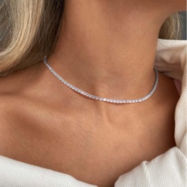 Robaice Tennis Necklace for Women, Sterling Silver Cubic Zirconia Tennis Chain, Dainty Rhinestone Choker Necklaces for Women Jewelry 2mm