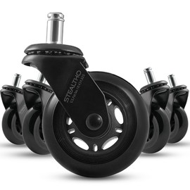 Stealtho Original Office Chair Wheels Set of 5 - Protect Hardwood Floor & Carpet - Heavy Duty Replacement Casters - Black Soft Polyurethane - Standard Fit 7/16" x 7/8"