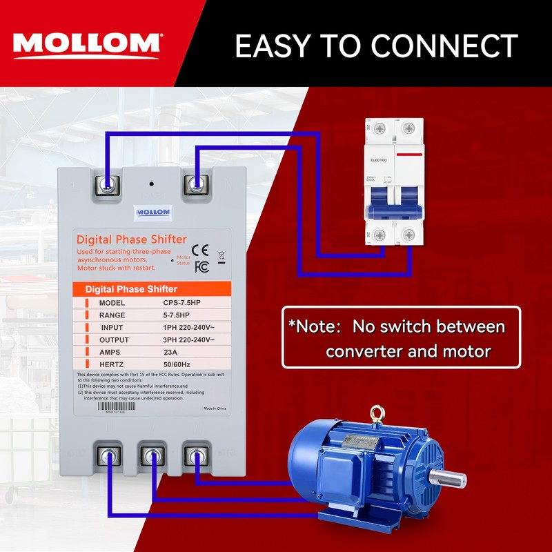 MOLLOM 3 Phase Converter, Digital Phase Shift 5.5KW 7.5HP 23Amps