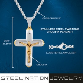 Stainless Steel Two-Tone Crucifix Pendant, 24" Curb Chain