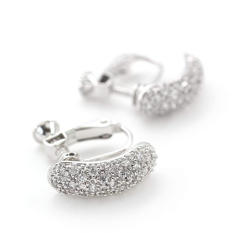 Barzaz Women's Earrings, Silver, Pave Simple, Screw Spring Type, Brass,