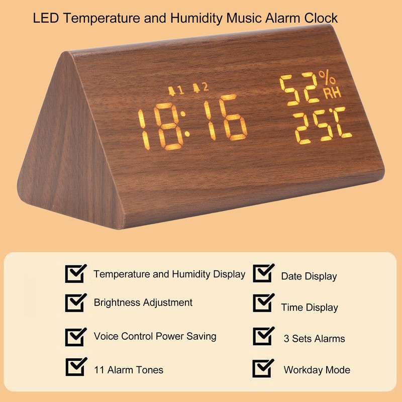 LED Digital Alarm Clock Multipurpose Wooden Clock with Voice Control
