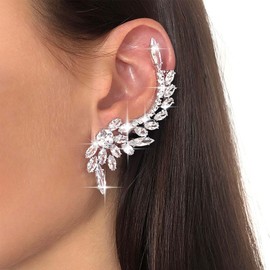 TseenYi Crystal Leaf Ear Cuff Earrings Rhinestone Crawler Earrings Silver CZ Leaf Climber Earrings Cubic Zircon Crawler Earrings Clip-on Piercing Stud Earrings Jewelry for Women and Girls