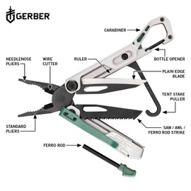 Gerber Multi-Tool with 10 Functions, Stakeout Spark, Camping Tool with Frame-Lock Locking, Pliers, Fire Starter, Carabiner and Much More, Baltic Haze, 1070268