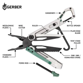 Gerber Multi-Tool with 10 Functions, Stakeout Spark, Camping Tool with Frame-Lock Locking, Pliers, Fire Starter, Carabiner and Much More, Baltic Haze, 1070268