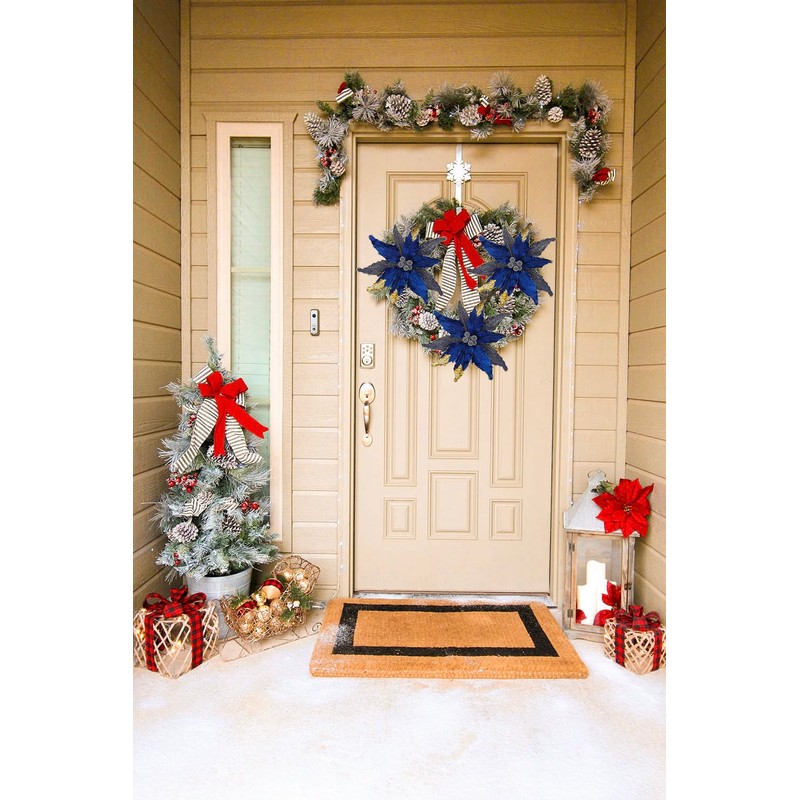 Briful 4 PCS 12" Glitter Poinsettia Blue Artificial Flowers Stem