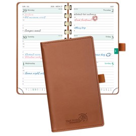 POPRUN 2026 Pocket Planner (Slim Size 3.5" x 6.5") Weekly and Monthly Calendar for Purse, with Hourly Time Slots, 100GSM Thick Paper, Spiral Soft Cover, Pen Holder - Brown