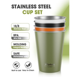 Siugohaus Premium Stainless Steel Cups 12 oz Pint Cup Tumbler (4 Pack) Premium Metal Cups - Stackable Durable Cup (Green-Black-White-Orange)