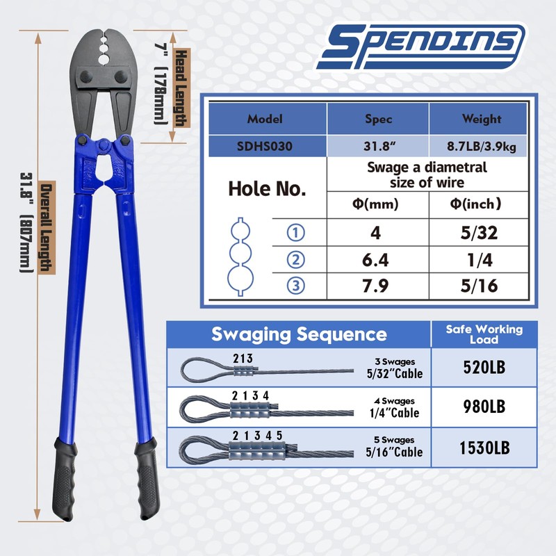SPENDINS 31.8 Inch Hand Swaging Tool, Wire Rope Crimping Tool