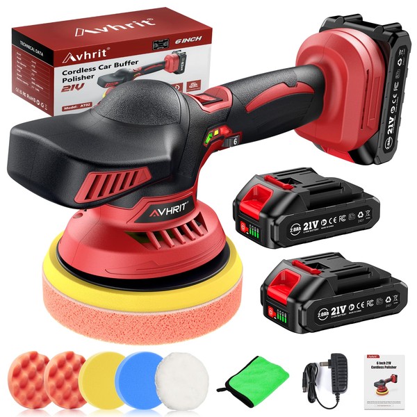 Avhrit Cordless Car Buffer Polisher kit w/ 2x2000mAh 21V Batteries,