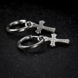 Tsv Jewelers Iced Cz Dangle Hanging Hip Hop Huggie Cross Hoop Sterling Silver 2Pc Earrings