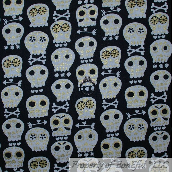 BonEful FABRIC FQ Cotton Quilt Black White B&W Skull Head Skeleton Flower Mexico