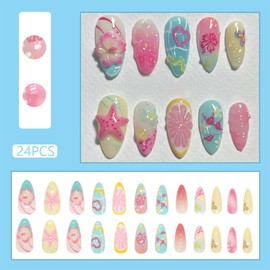 Medium Almond Press on Nails 3D Summer Fake Nails with Fruit Flower Designs Cute Pink Blue Gradient False Nails Glossy Acrylic Nails Full Cover Stick on Nail for Women Girls 24PCS