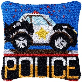 Police Car Latch Hook Kits Pillow Cover DIY Rug Making Crochet Hook Cushion Making Kits with Preprinted Pattern Canvas DIY Needlework Crochet Kits Christmas Decoration 43x43cm