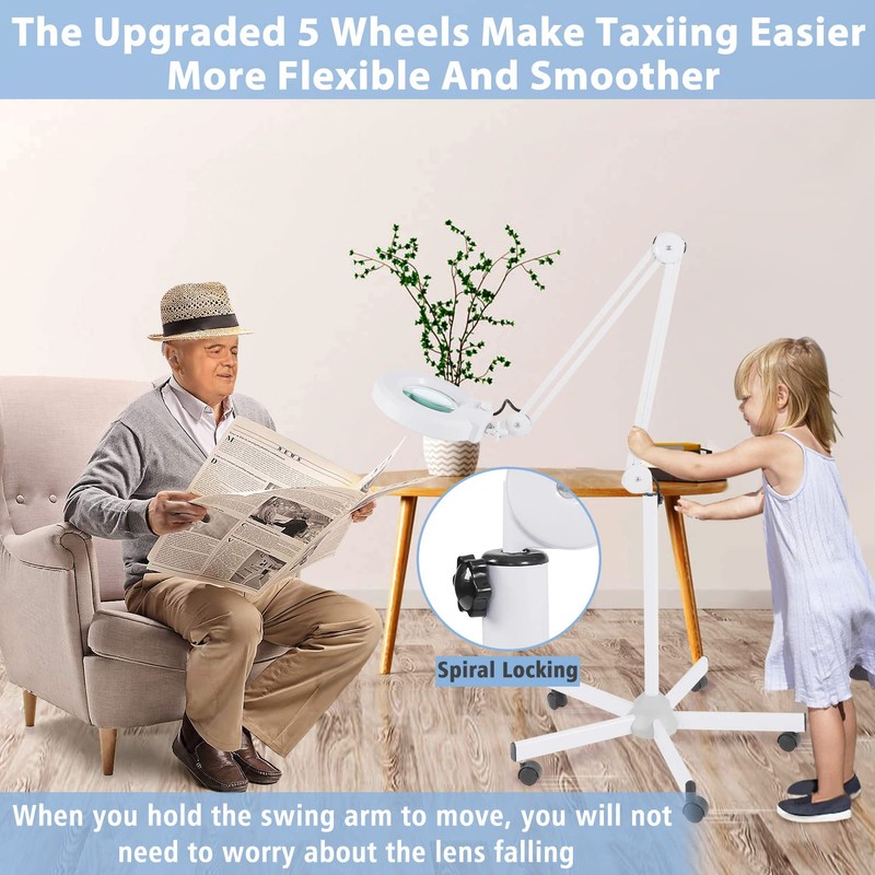 10X Magnifying Floor Lamp with 5 Wheels Rolling Base for