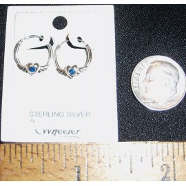 Wheeler Jewelry Manufacturing STERLING SILVER PIERCED 1/2" HOOP EARRINGS W/MINI HEARTS & DARK BLUE CRYSTALS