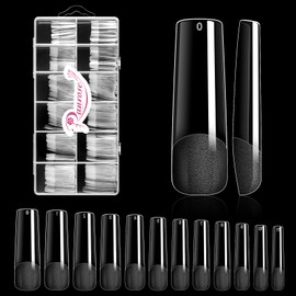 Ranrose Long Straight Nails Tips,240PCS Full Cover Gel x Nail Tips for Acrylic Nails Professional 12 Sizes Pre-shaped XXL Straight Shape False Nail Half Matte Fake Nails for DIY Press On Nail Extensions