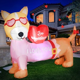 5FT Valentines Day Inflatables Outdoor Decorations, Pink Dog with Love Heart Blow Up Build-in Led Lights for Wedding Party Garden Yard Lawn Décor