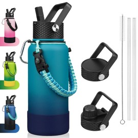 BJPKPK 32oz Insulated Water Bottles with 3 Lids, Paracord Handle & Non-slip Boot, Stainless Steel Metal Water Bottle,Reusable BPA Free Thermos, Tumblers, Vast