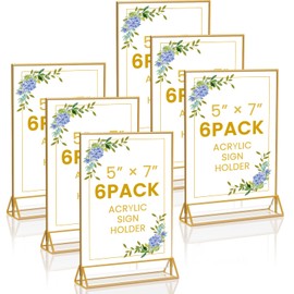 6 Pack Acrylic Gold Sign Holder, 5x7 inch Clear Double Sided Picture Frame, Table Menu Display Stand Flyer Holder for Table Numbers,Photos, Restaurant,Wedding,Office
