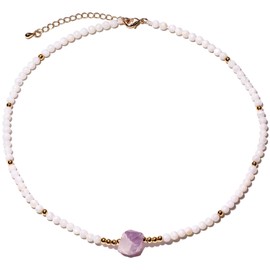 Wizock Simple Black Agate/White Shell Beaded Necklace Raw Amethyst Choker Necklaces for Women Protection Balance Jewelry (White Shell)