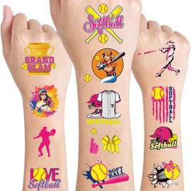 JoyAura Softball Temporary Tattoos for Kids - 6 Sheets 180 Pcs Sports Day Party Decoration Baseball Fake Tattoo Stickers for Girls Birthday Decor School Prizes Rewards
