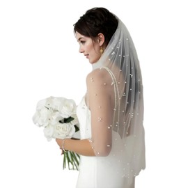 imffamm Wedding Bridal Veil Pearl Wedding Veil for Bride White Bride Veil with Metal Comb for Women,39.9Inch/1m