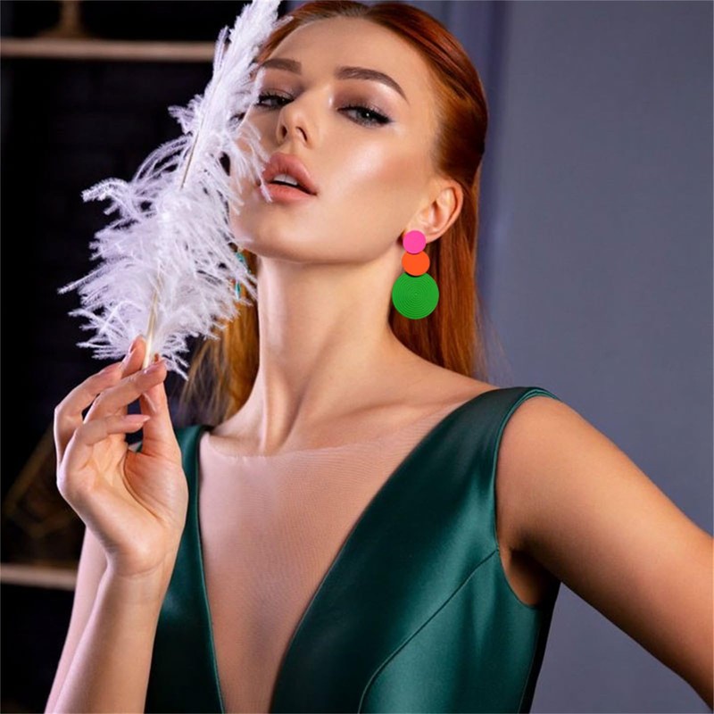 Retro 80s Neon Earrings Round Disc Dangle Drop Earrings for