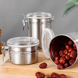 QRZLP Set of 4 Stainless Steel Canisters, Airtight Food Storage Canister Set with Clear Lid Kitchen Containers Sets for Coffee Bean, Cereal, Sugar, Flour, Tea, Candy, Cookie, Spice, 28/32/38/65 oz.