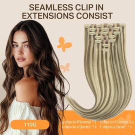 DOORES Hair Extensions Clip in Human Hair, Light Brown Highlighted Medium Blonde 14 Inch 110g 7pcs, Seamless Clip in Hair Extensions Real Human Hair Natural Straight Hair Remy Hair
