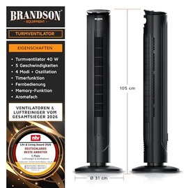 Brandson - Tower Fan with Aroma Compartment - Sleep Mode - Very Quiet - Sieger Fans and Air Cooler 2026 - Remote Control - Oscillation - Timer - 4 Modes - 5 Speeds - LED Display