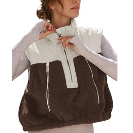Hixiaohe Womens Oversized Casual Zip Up Fleece Vest Lightweight Sleeveless Warm Outerwear Puffer Running Vest for Women(Brown,L)