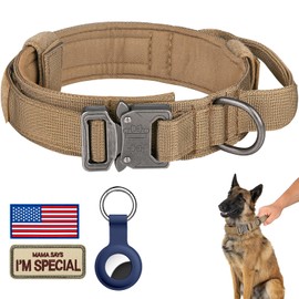 DAGANXI Tactical Dog Collar, Adjustable Military Training Nylon Dog Collar with Control Handle and Heavy Metal Buckle for Medium and Large Dogs, with Patches and Airtags Case (XL, Brown)