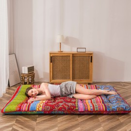 MAXYOYO Bohemian Retro Floor Mattress Vintage Floral Japanese Futon Mattress Roll Up Thicken Sleeping Bed Portable Camping Mattress Floor Lounger Couch Bed Mattress Pad, Full Size