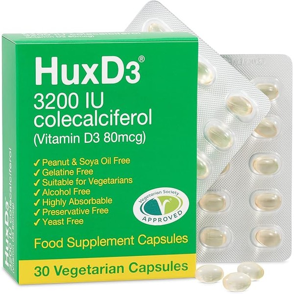 Hux D3 Vitamin 3200iu, Huxley Europe, Vegetarian Capsules, Suitable for