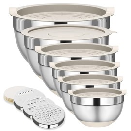 Fyrnova Mixing Bowls with Lids Set, 6 Piece Stainless Steel Nesting Storage Bowls for Kitchen, with 3 Grater Attachments & Non-Slip Bottoms, Size 5.5,3.5,2.5,2.1,1.5,1.1 QT