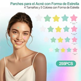 Parches Para Acné, Pimple Patch Star, 255 Parches Hidrocoloides para Espinillas, 5 Colores y 4 Tamaños (8,9,11,12mm), Absorbentes para Tratar la Erupc