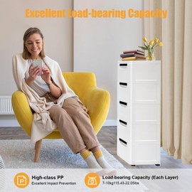 QUSKLISU 5 Tier Slim Vertical Dresser with Wheels, Narrow Storage Tower Organizer for Clothes Towels, Space-Saving Plastic Drawer Cabinet Storage Cabinet for Apartments, Dorms, Small Spaces (White)