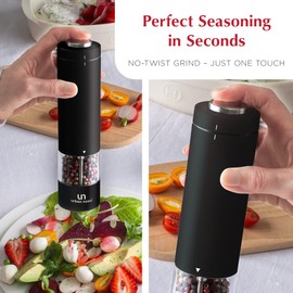 Electric Salt and Pepper Grinder - Battery Operated Stainless Steel Pepper Mill with Light (Black) - Automatic One Handed Operation - Electronic Adjustable Shaker - Ceramic Grinder