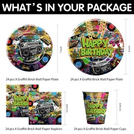 FVABO Graffiti Brick Wall Birthday Party Supplies for Retro 80s 90s Theme