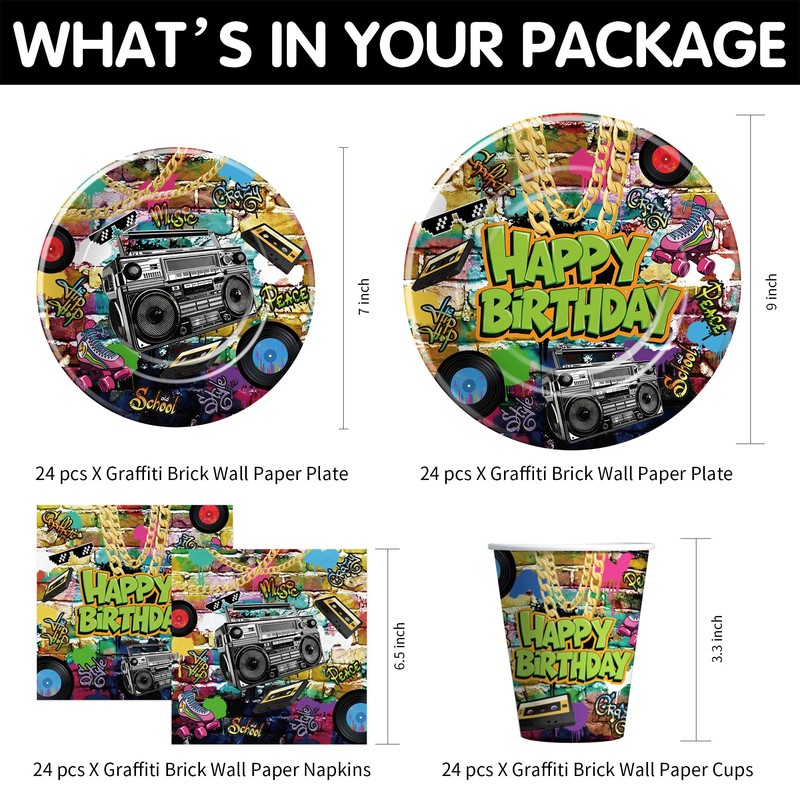 FVABO Graffiti Brick Wall Birthday Party Supplies for Retro 80s