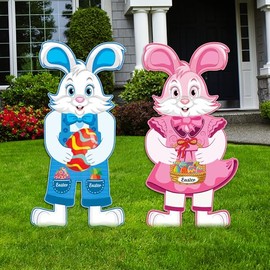 Voila Print Happy Easter Yard Sign Cutout - Bunnies with Eggs Yard Decorations for Happy Easter Yard Signs Party Lawn Decorations with Metal Stakes, VP4682